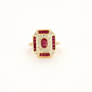 Bague Octogonale Or  Rubis Diamants