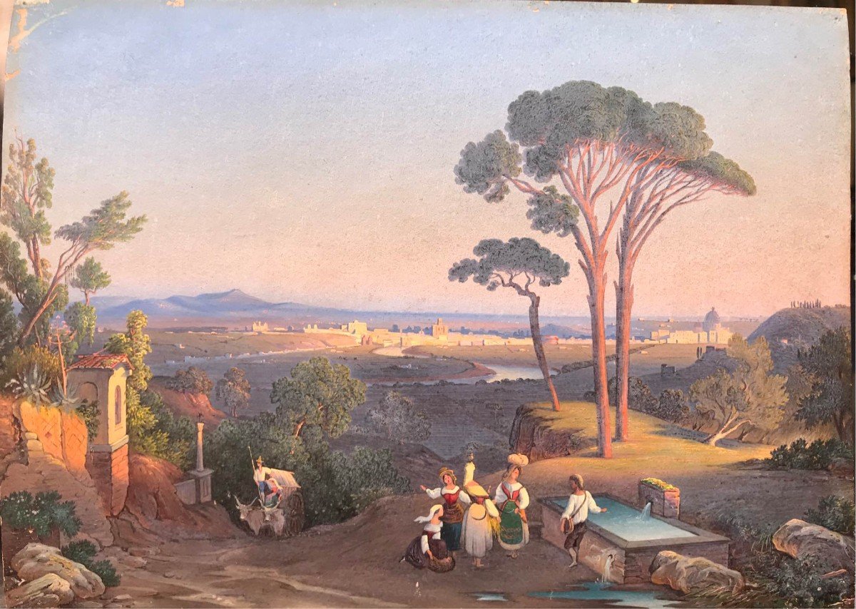 Ignaz Pfyffer Von Altishofen- View Of Rome - 1830 Ca Oil On Paper - Italy Grand Tour 