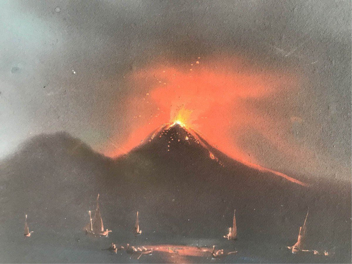 Gouache napolitaine  de l' Eruption De Vesuve- 1870 Ca  Naples Grand Tour Italie -photo-2