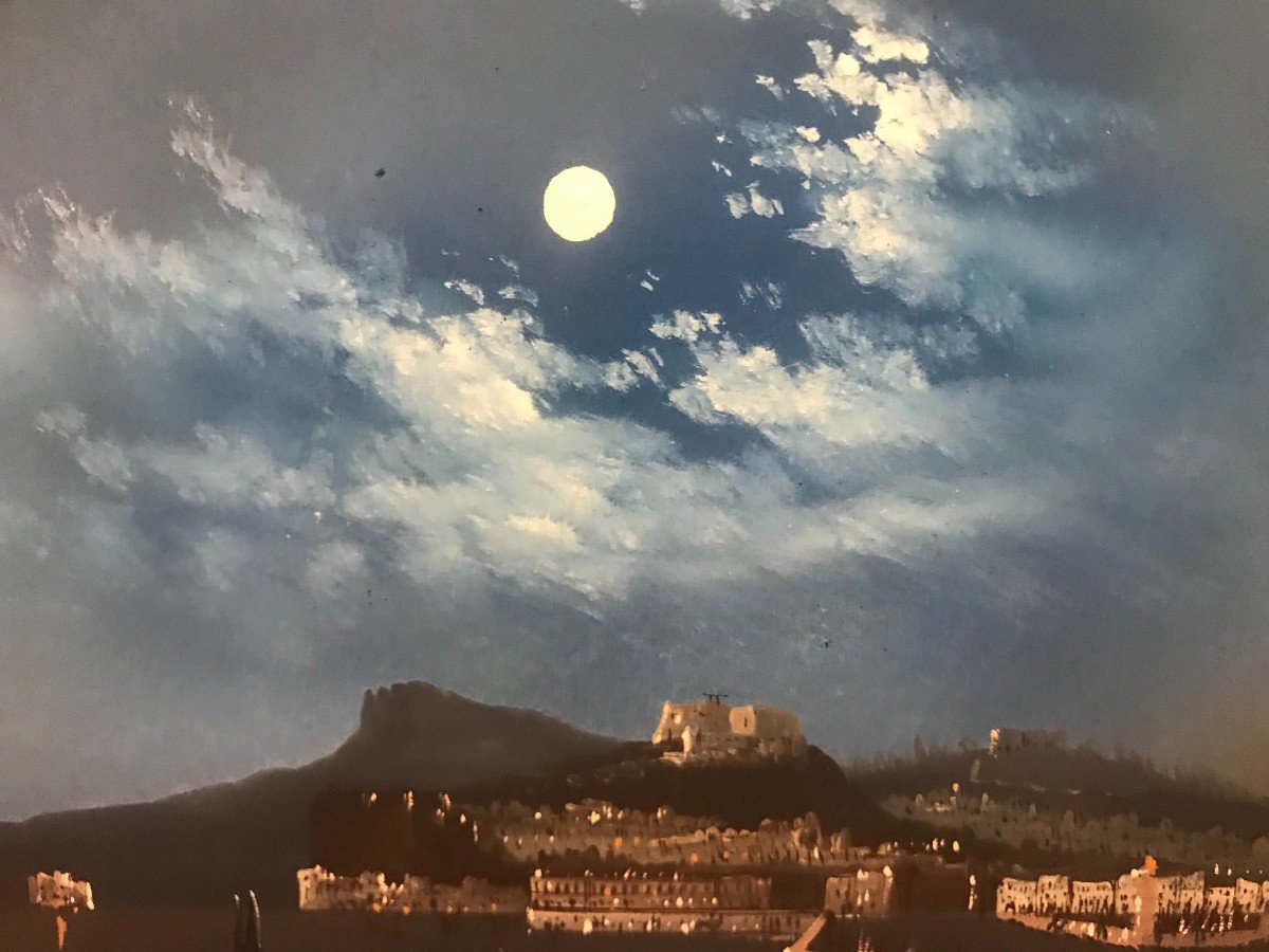 Neapolitan Gouache - View Of Naples At Night - 1860 Ca Italy Grand Tour Vesuvius Italian-photo-4