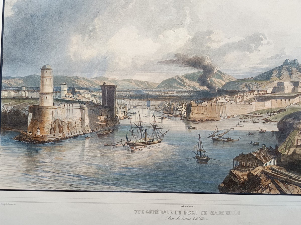 Beautiful Lithograph From The Mid 19th Century, Vintage Colored View Of The Port Of Marseille-photo-2