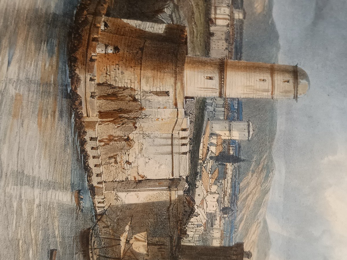 Beautiful Lithograph From The Mid 19th Century, Vintage Colored View Of The Port Of Marseille-photo-3