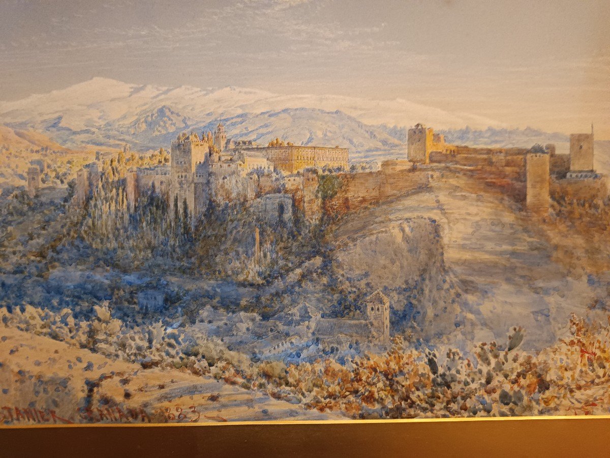 Magnificent Watercolour Of Granada Viewed From The Alhambra Signed And Dated 1883 -photo-2