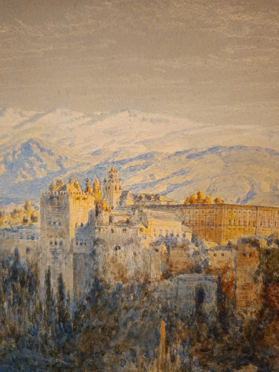 Magnificent Watercolour Of Granada Viewed From The Alhambra Signed And Dated 1883 -photo-4