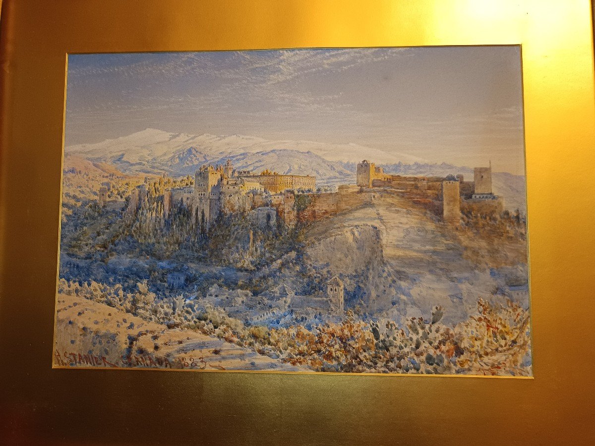 Magnificent Watercolour Of Granada Viewed From The Alhambra Signed And Dated 1883 -photo-2