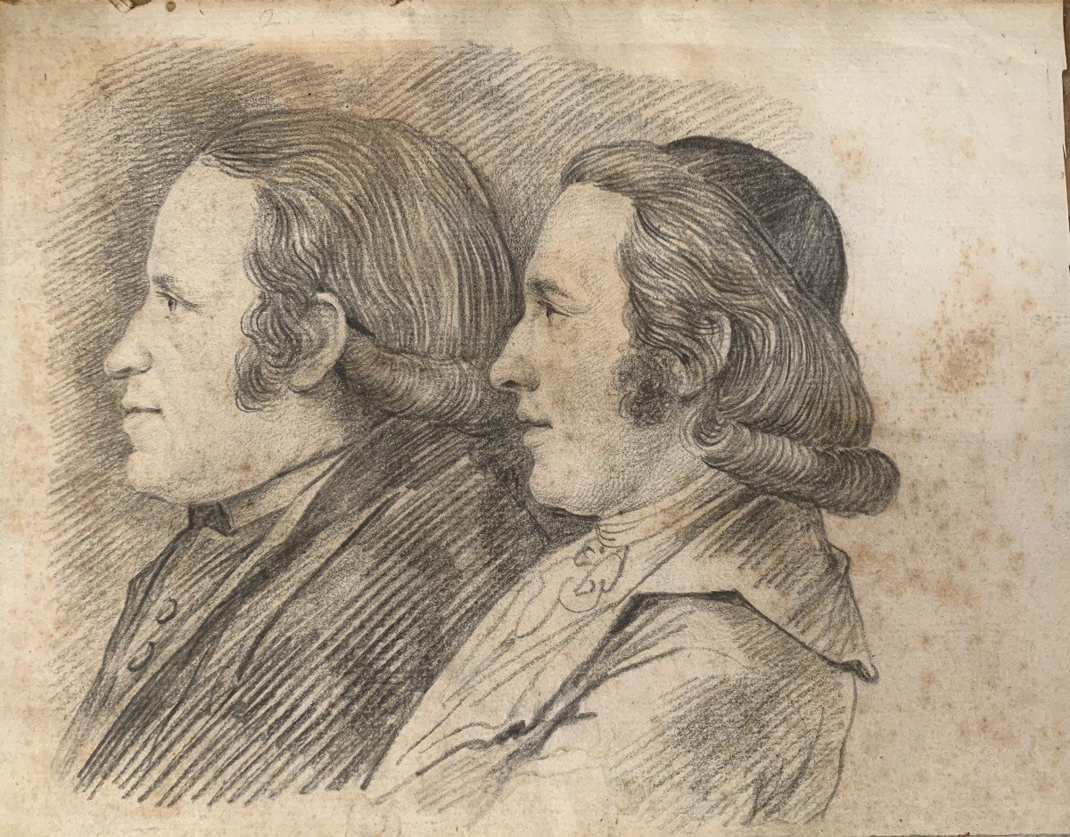 Portrait de deux hommes - dessin au crayon  Italie France Angleterre