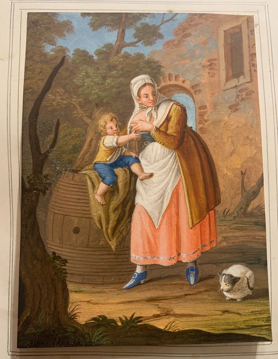 Alessandro d'Anna- Femme Avec Enfant -costume Napolitain -gouache Naples Italie Della Gatta