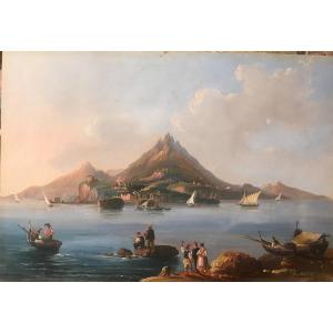 Ecole Napolitaine-e Vue De Ischia - Huile Sur Papier - XIX S Naples Italie Grand Tour