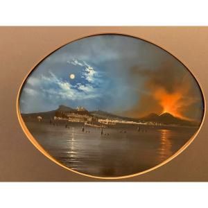 Gouache napolitaine - Vue de Naples de nuit- 1860 ca Italie Grand Tour Vesuve