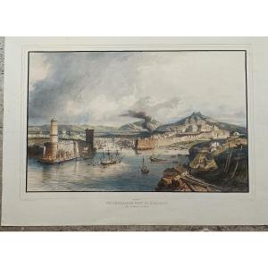 Beautiful Lithograph From The Mid 19th Century, Vintage Colored View Of The Port Of Marseille