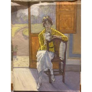 Ecole Européenne - Femme Assise - gouache Début  1900 -Italie - France - 