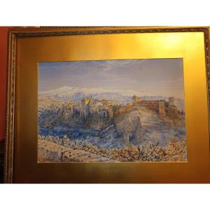 Magnificent Watercolour Of Granada Viewed From The Alhambra Signed And Dated 1883 