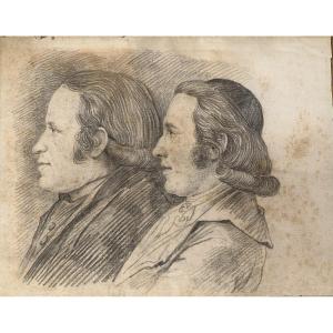 Portrait Of Two Men - Pencil Drawing XVIII S Italy France England