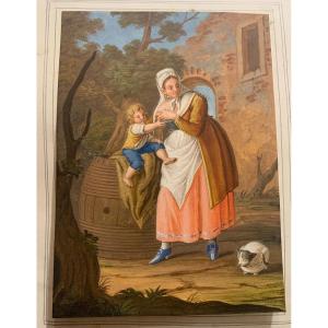 Alessandro d'Anna- Femme Avec Enfant -costume Napolitain -gouache Naples Italie Della Gatta