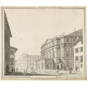 W. Grund -vue Du Théâtre De La Scala, Milan Italie Grand Tour Aquarelle 1833