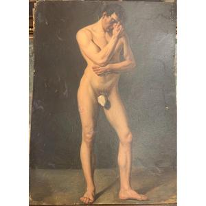 Male Academic Nude Oil On Paper - 19th Century Men's Academy 