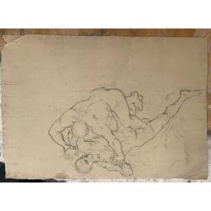 Drawing Of Two Men Attacking - XVIII S  Nu Masculine - Italy  Masculine Academy France