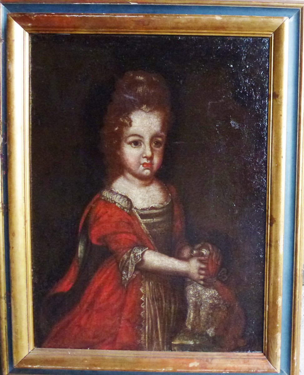 Portrait De Fille Au Chien Ecole Française Fin XVIIème Siècle Huile Sur Toile-photo-2