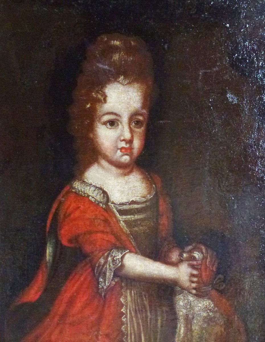 Portrait De Fille Au Chien Ecole Française Fin XVIIème Siècle Huile Sur Toile-photo-1