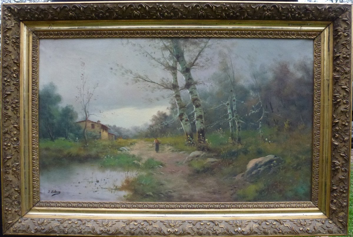 J. Esteve Tableau Paysage Maison Au Bord De l'Etang Huile/toile Du XIXème Siècle