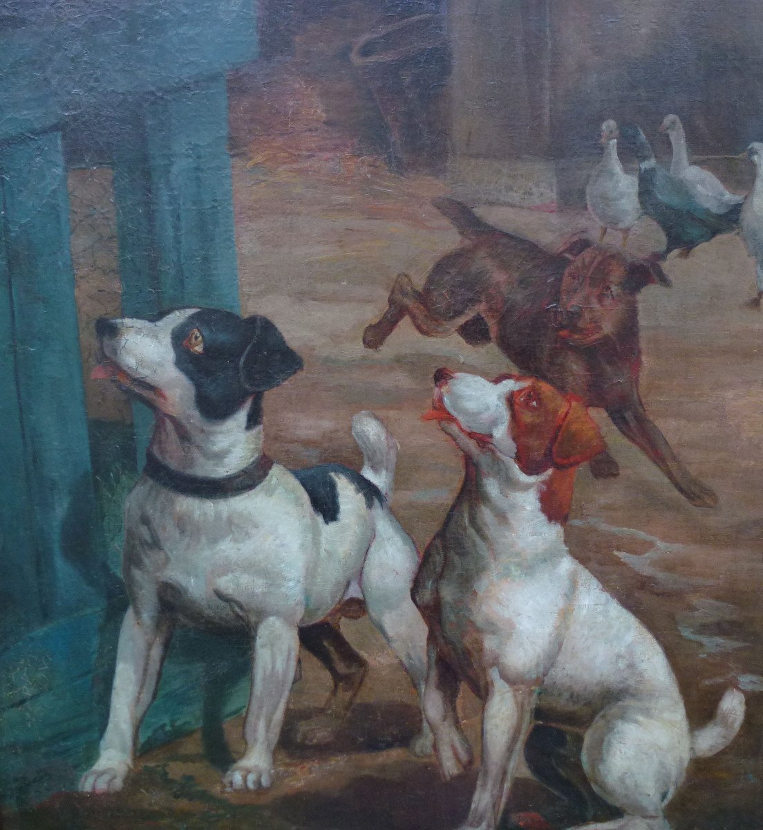 Large Genre Scene Dogs In The Courtyard Oil / Canvas From The Eighteenth Century-photo-1