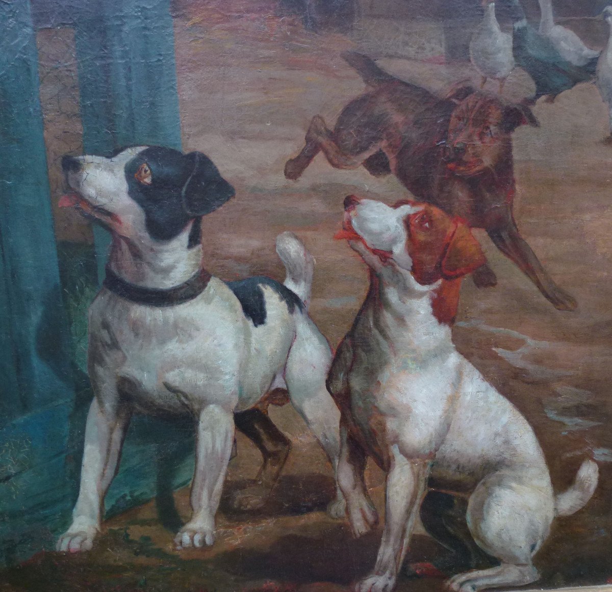 Large Genre Scene Dogs In The Courtyard Oil / Canvas From The Eighteenth Century-photo-2
