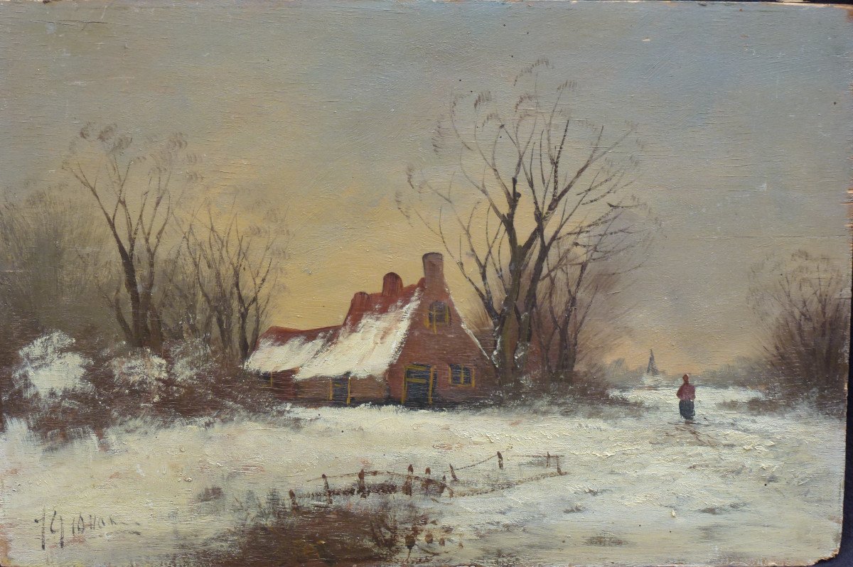 Tableau Paysage Enneigé Ecole Du Nord Huile/panneau Du XIXème Siècle Signé