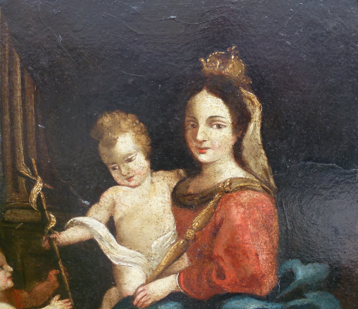 Religious Painting Virgin And Child Oil / Panel From The XVIIth Century-photo-3