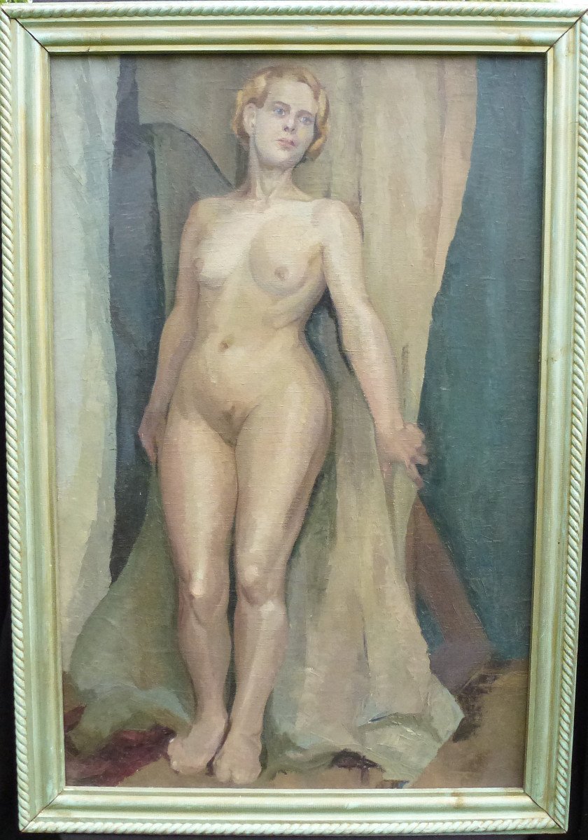 Large Nude Portrait Of Woman French School Of The XXth Century Oil / Canvas-photo-2