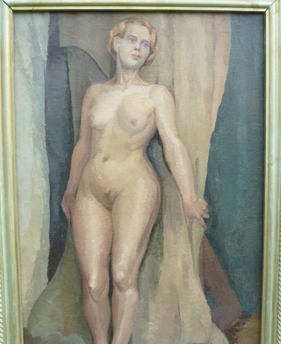 Large Nude Portrait Of Woman French School Of The XXth Century Oil / Canvas-photo-3