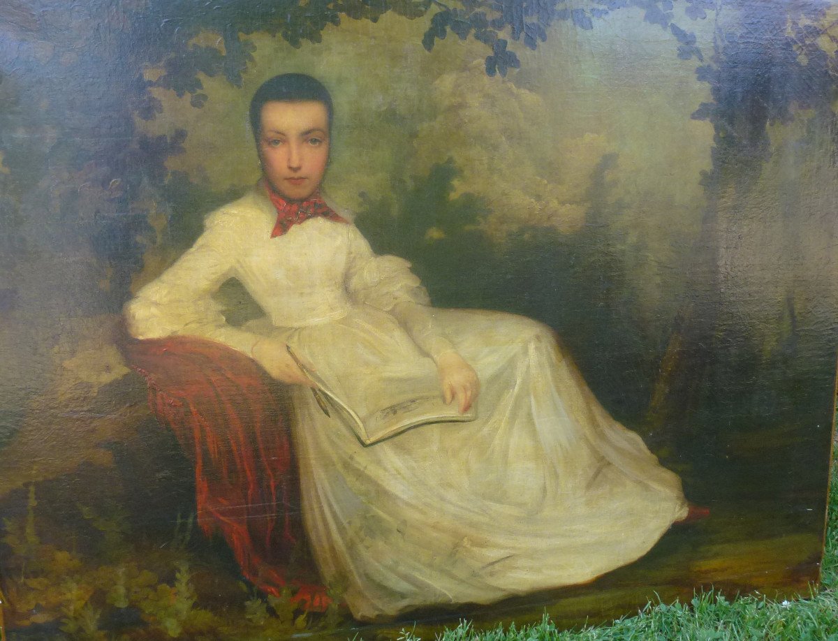 Portrait Of Young Woman In The Park French School Of The XIXth Century Oil / Canvas-photo-3
