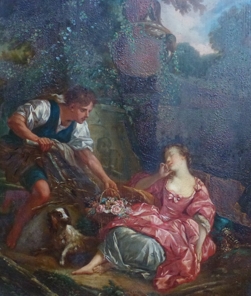 Genre Scene The Mysterious Basket After Boucher Oil / Panel XIXth Century-photo-2