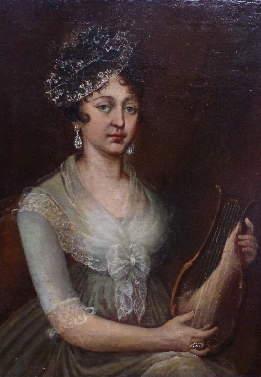 Grand Portrait De Femme à La Lyre Epoque Ier Empire Huile/toile Du XIXème Siècle-photo-2