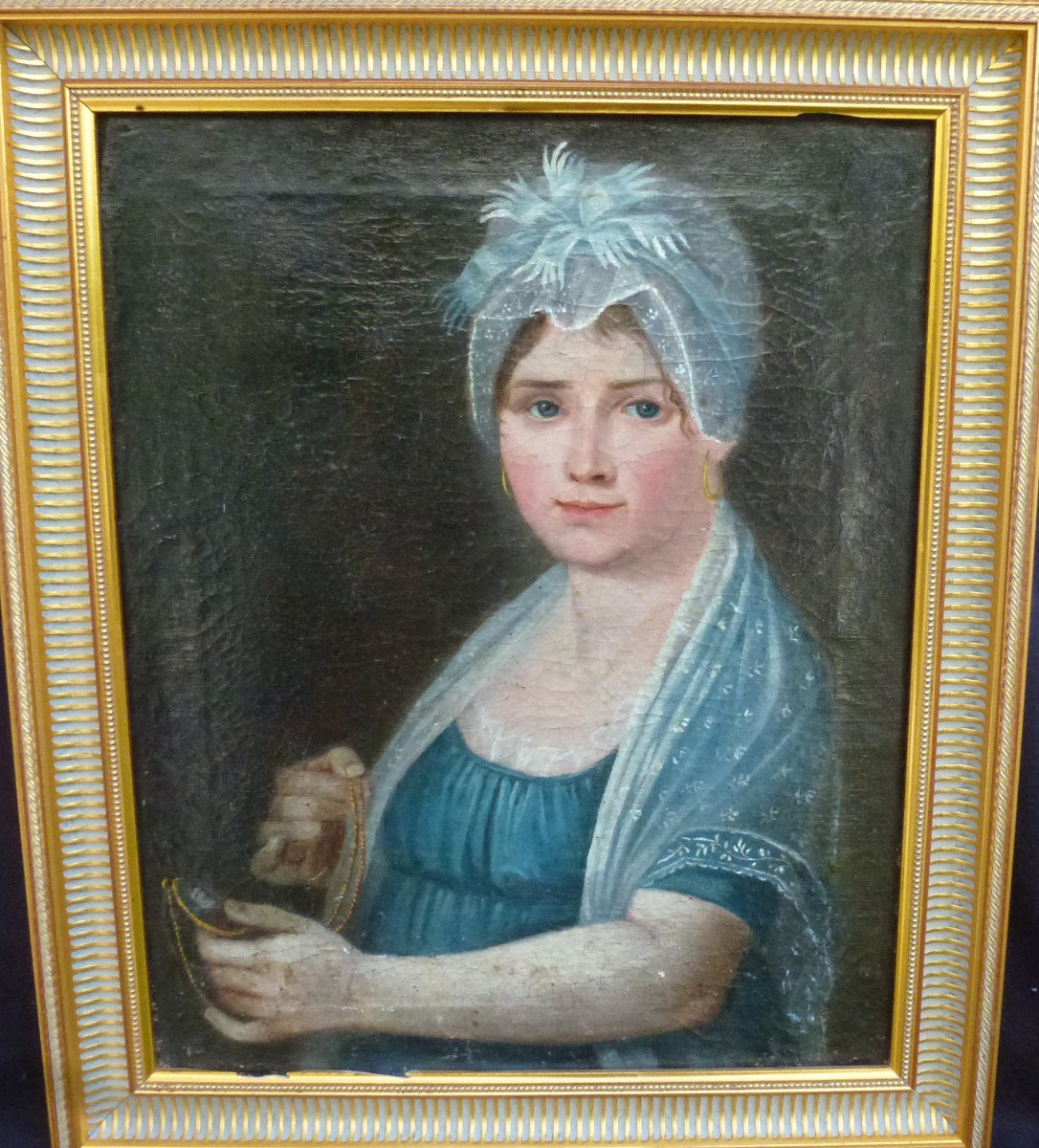 Portrait De Femme à La Coiffe Ier Empire Huile/toile Du XIXème Siècle-photo-3