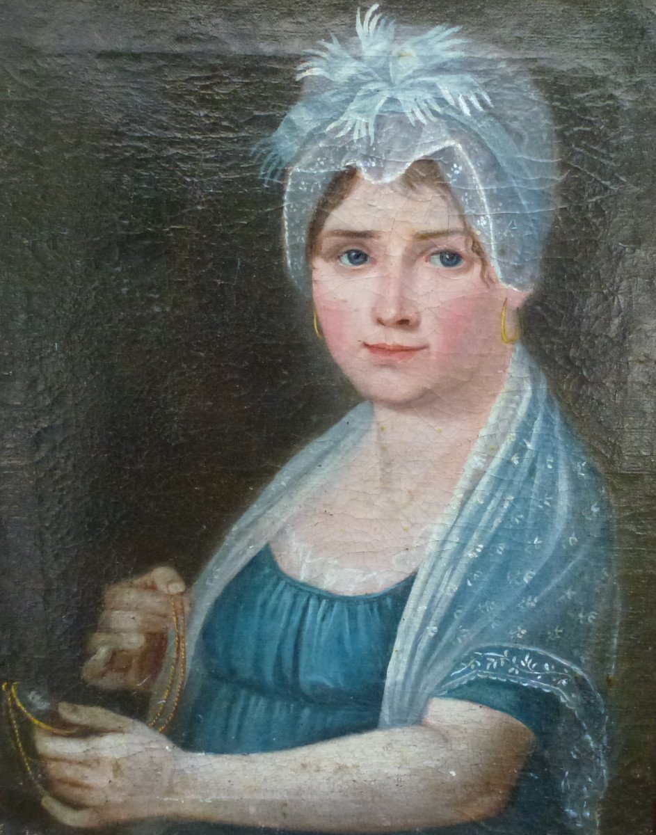 Portrait De Femme à La Coiffe Ier Empire Huile/toile Du XIXème Siècle-photo-4