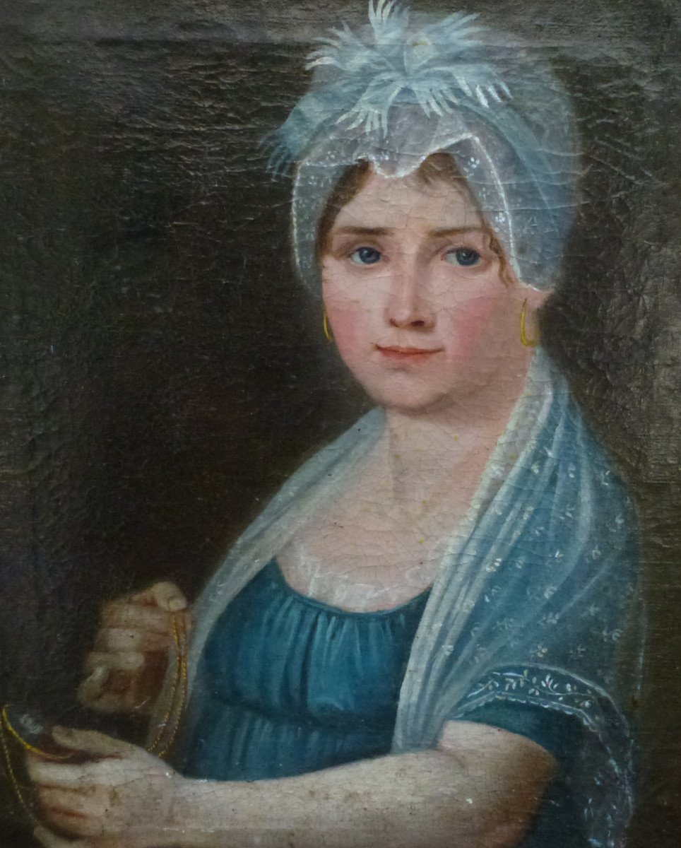 Portrait De Femme à La Coiffe Ier Empire Huile/toile Du XIXème Siècle-photo-1