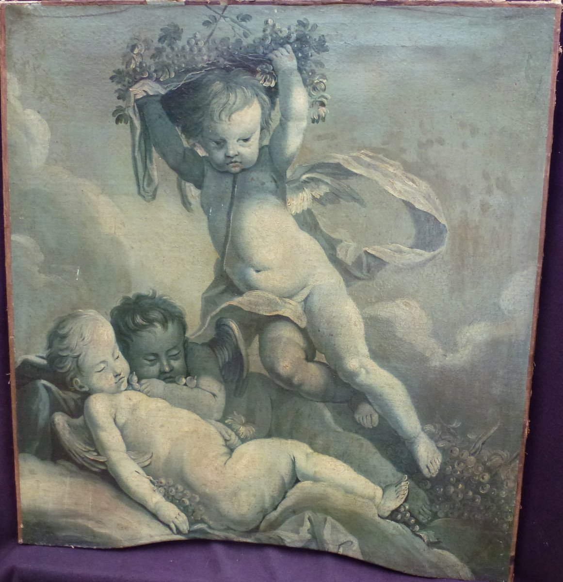 Tableau Grisaille Cherub French School From The Eighteenth Century Oil / Canvas