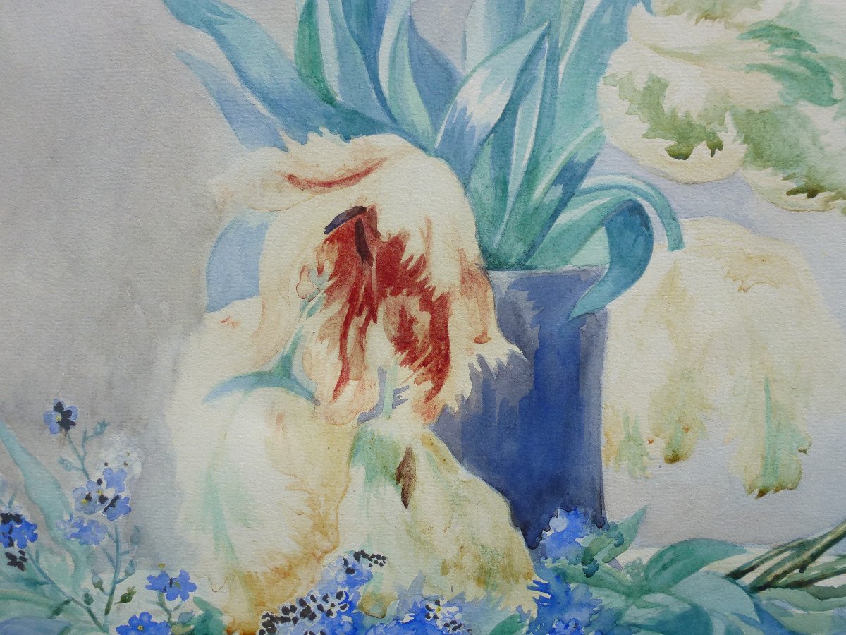 Cécile Martha Rives Painting Bouquet Of Watercolor Flowers Dated 1905-photo-2