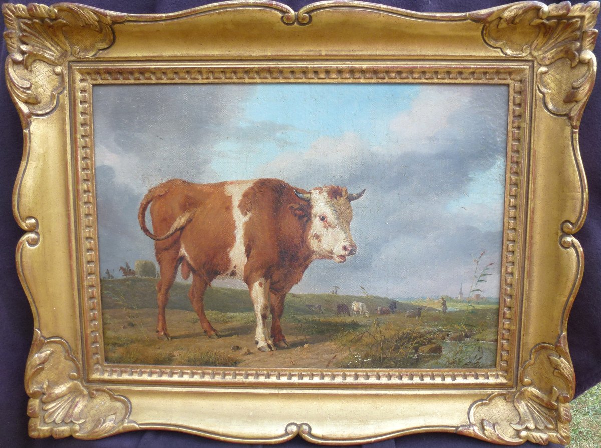 Tableau Scène Rurale Animée Aux Vaches Huile/toile Du XIXème Siècle-photo-2