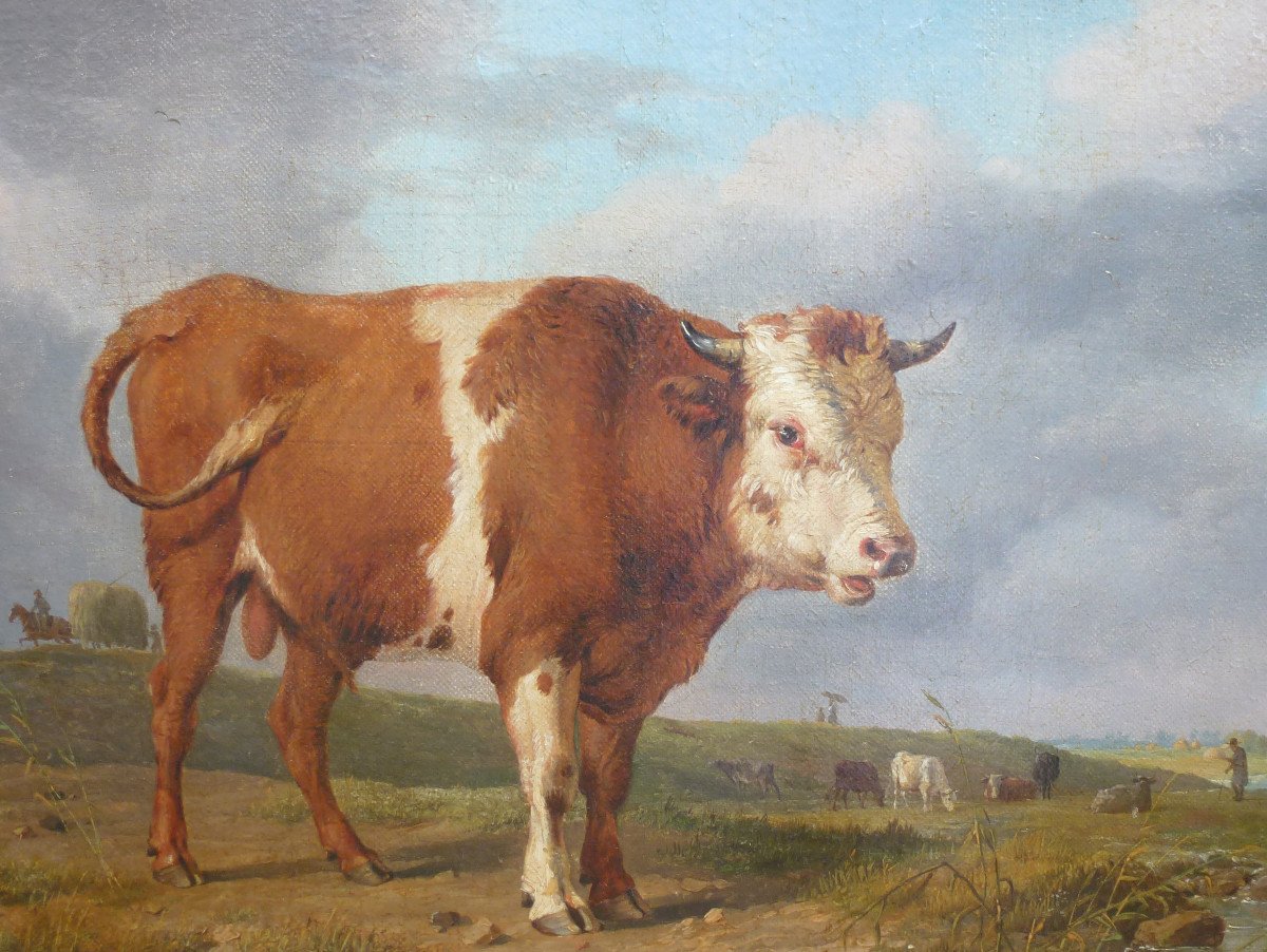 Tableau Scène Rurale Animée Aux Vaches Huile/toile Du XIXème Siècle-photo-2