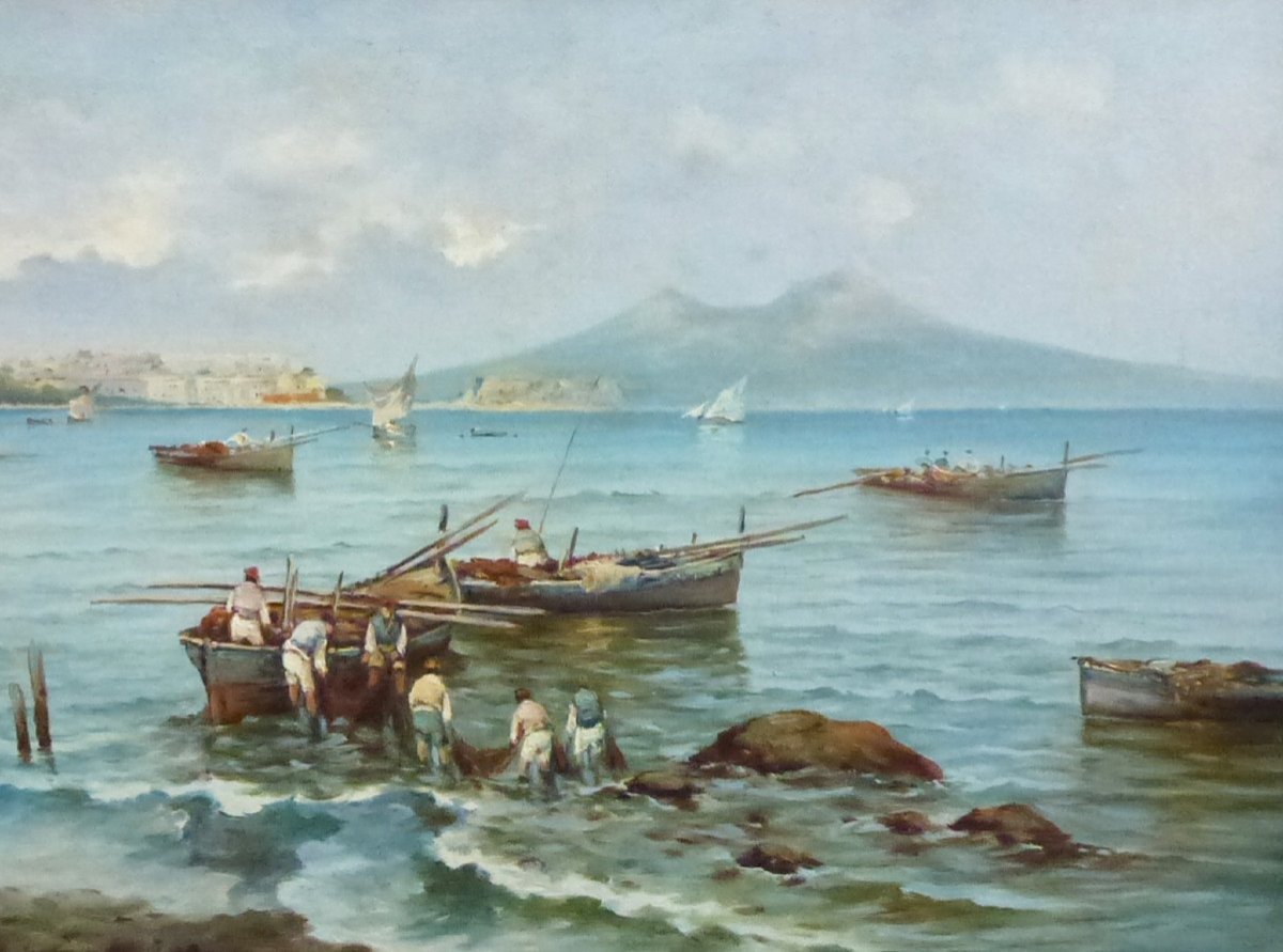 Tableau Paysage Vue De Naples Vésuve Huile/toile Du Début XXème Siècle Signé-photo-4