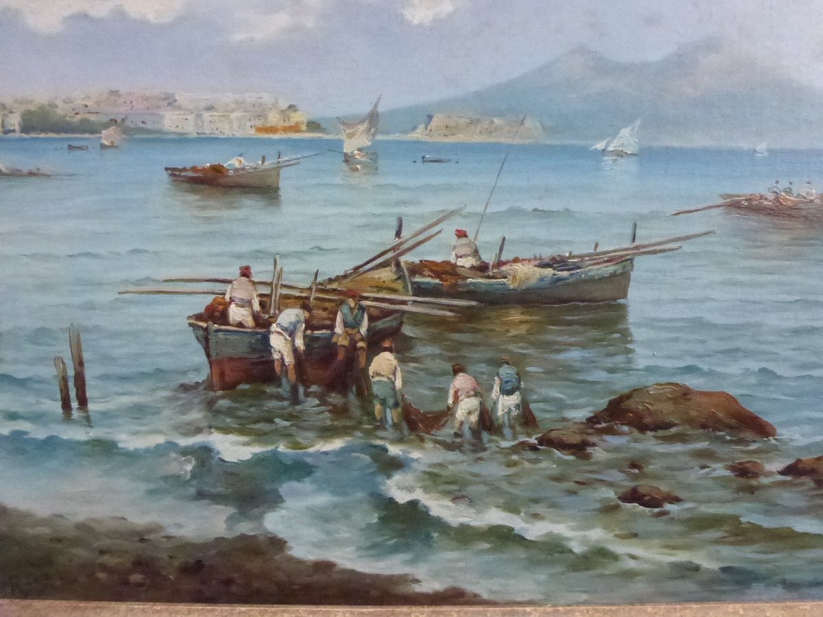 Tableau Paysage Vue De Naples Vésuve Huile/toile Du Début XXème Siècle Signé-photo-1