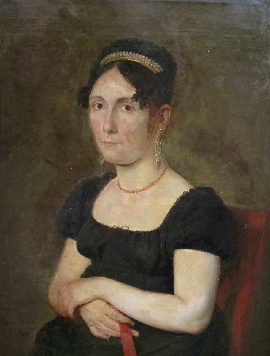 Ramon Planella Portrait De Femme Ier Empire Huile/toile Du XIXème Siècle-photo-1