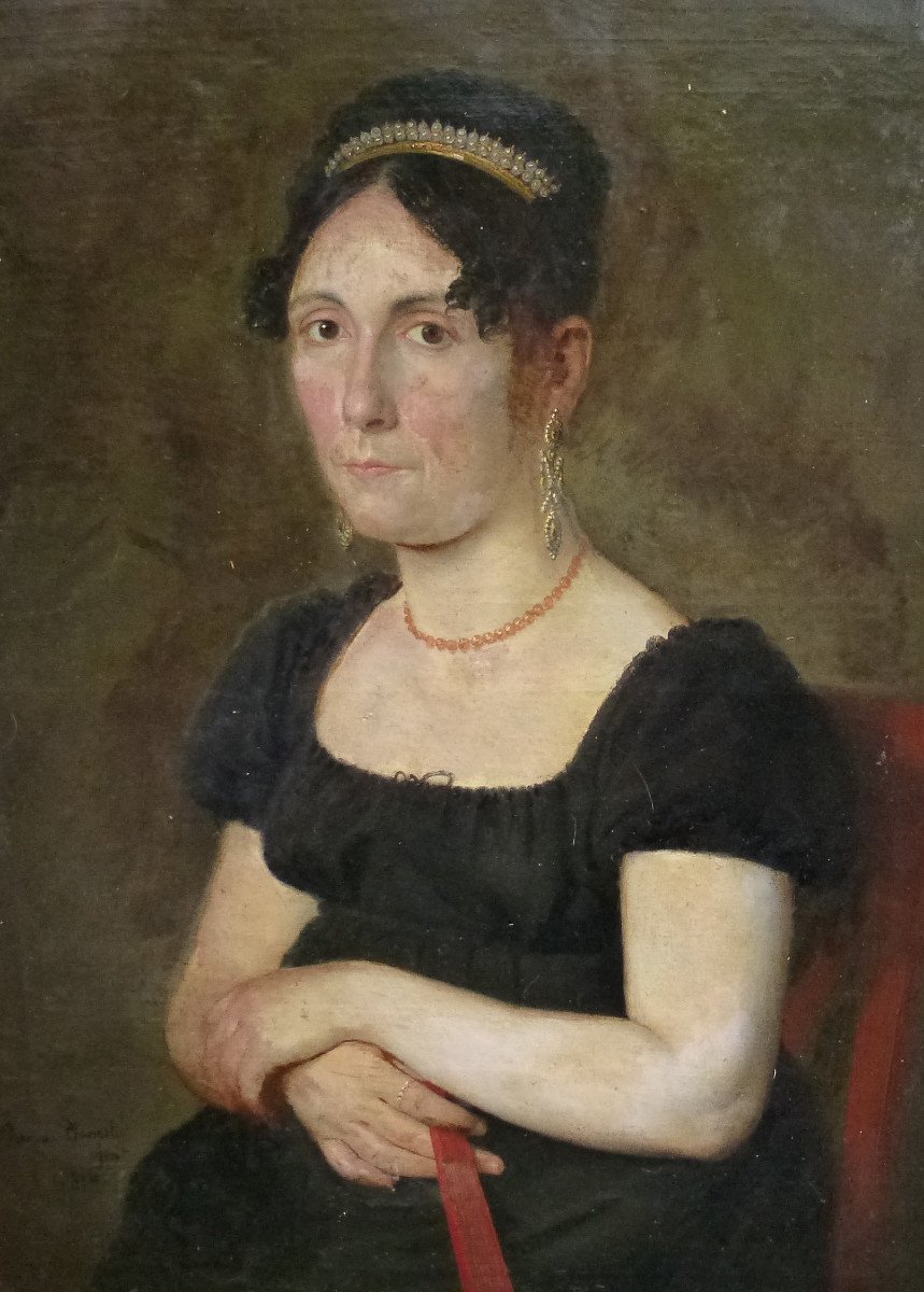 Ramon Planella Portrait De Femme Ier Empire Huile/toile Du XIXème Siècle-photo-2