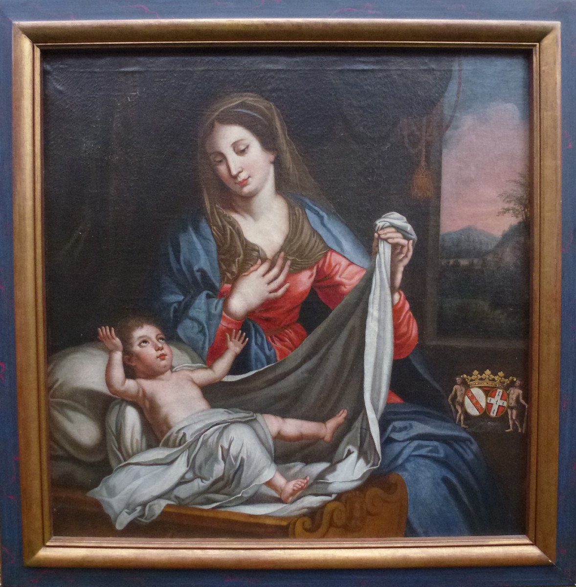 Bouchet Tableau Religieux Vierge à l'Enfant Huile/toile XVIIème Siècle Armoiries-photo-2