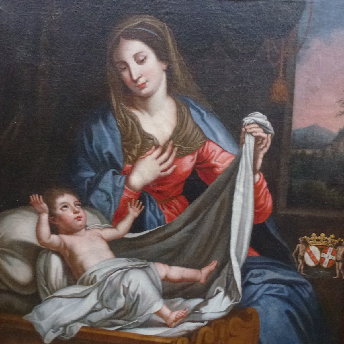 Bouchet Tableau Religieux Vierge à l'Enfant Huile/toile XVIIème Siècle Armoiries-photo-3