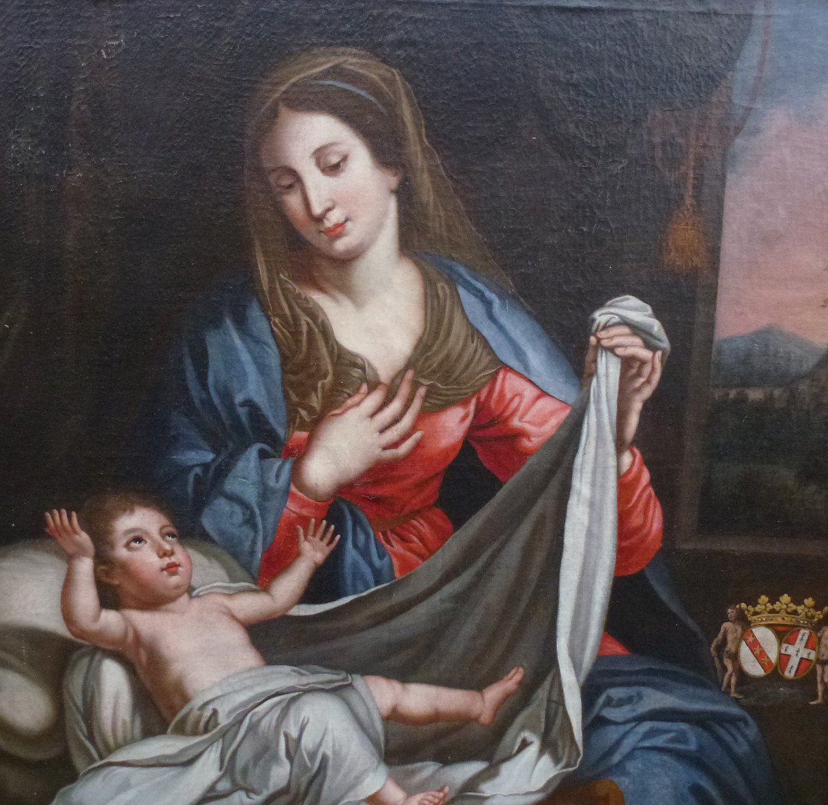 Bouchet Tableau Religieux Vierge à l'Enfant Huile/toile XVIIème Siècle Armoiries-photo-1