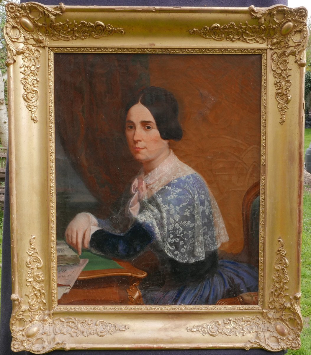 Portrait De Femme Epoque Louis Philippe Huile/toile Du XIXème Siècle-photo-2