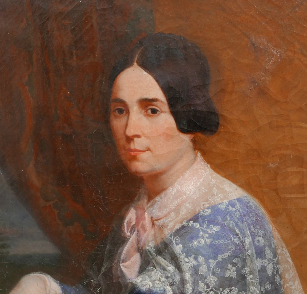 Portrait De Femme Epoque Louis Philippe Huile/toile Du XIXème Siècle-photo-1