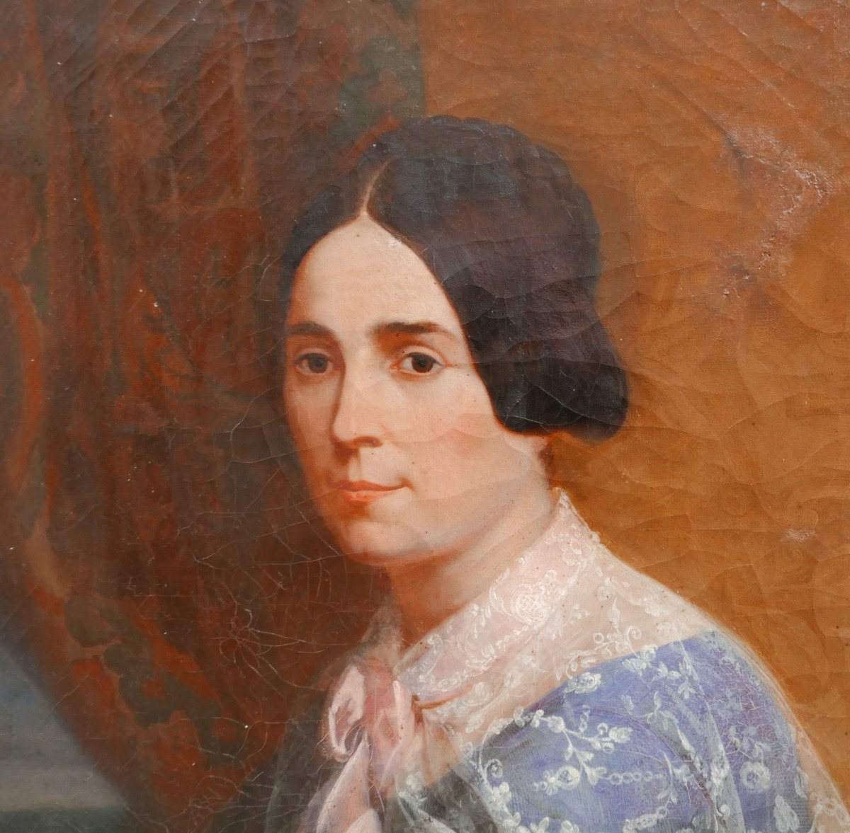 Portrait De Femme Epoque Louis Philippe Huile/toile Du XIXème Siècle-photo-2